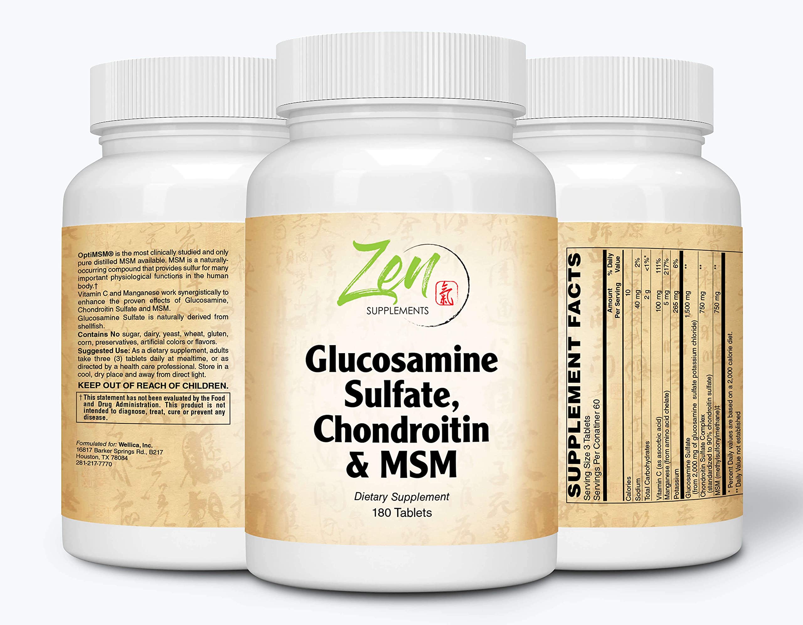 Zen Supplements - Glucosamine Chondroitin MSM - Supports Healthy Joint Structure, Mobility Function & Comfort (Shellfish Free) 180-Tabs