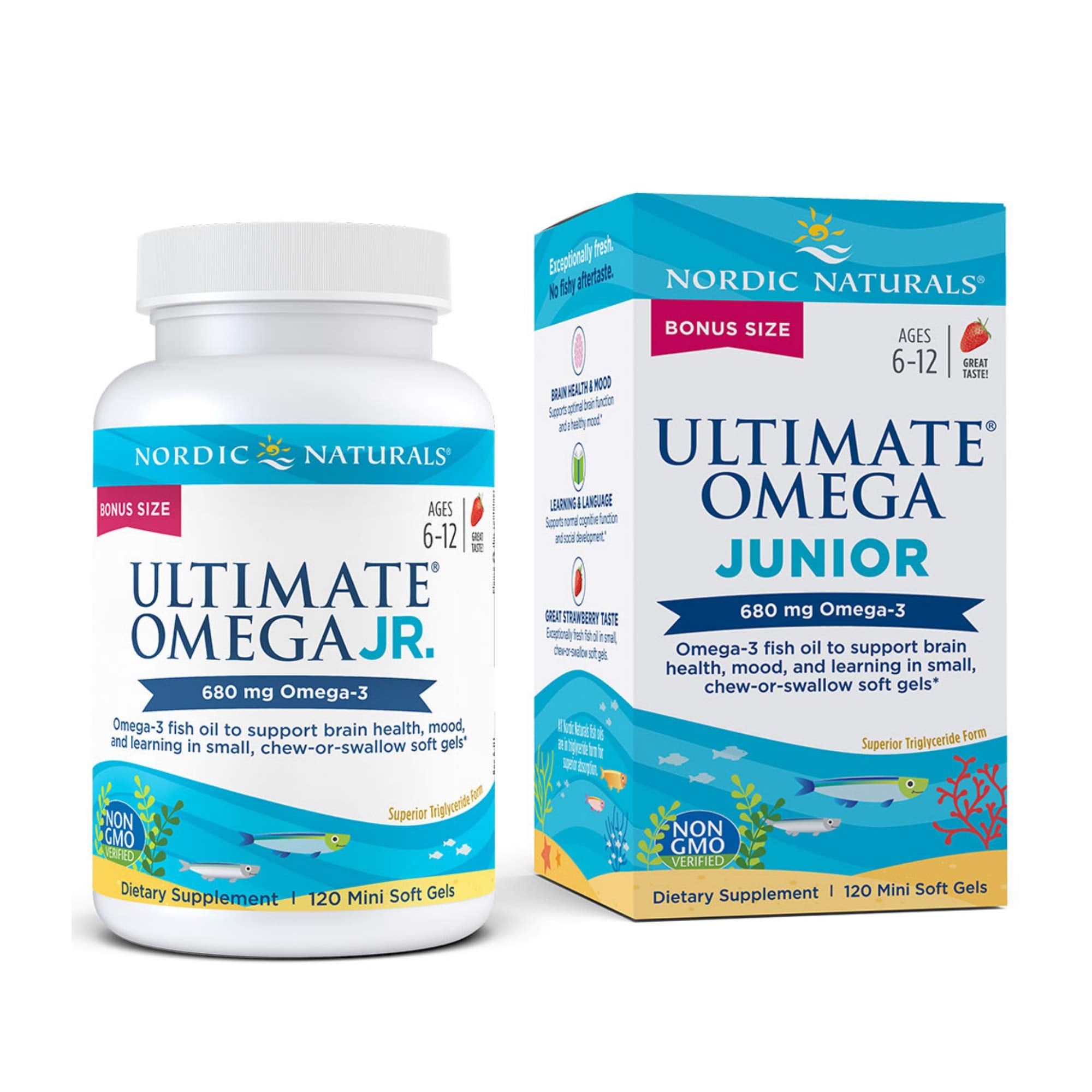 Nordic Naturals Ultimate Omega Jr, Strawberry - 120 Mini Soft Gels - 680 Total Omega-3s with EPA & DHA - Brain Health, Mood, Learning - Non-GMO - 60 Servings