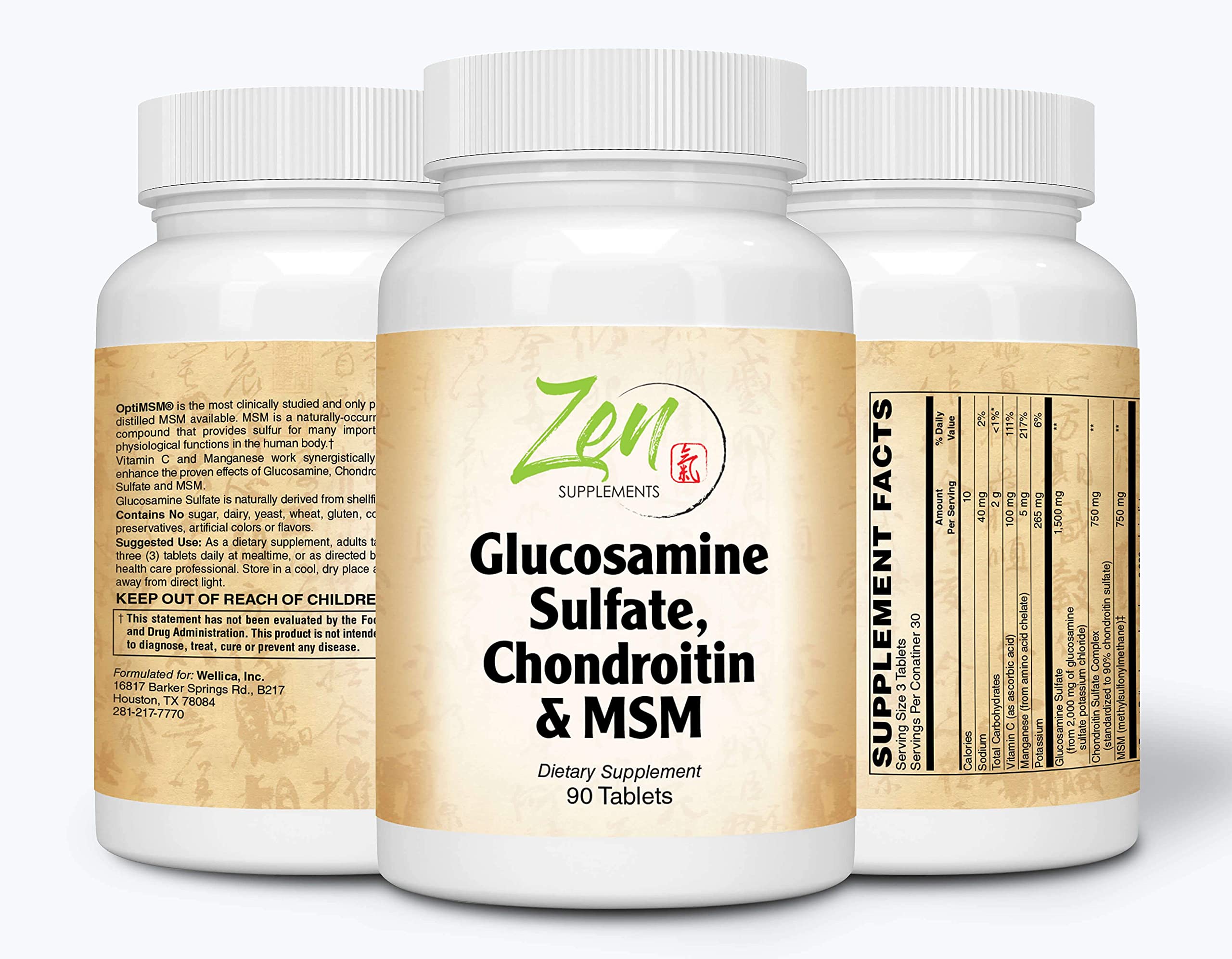 Zen Supplements - Glucosamine Chondroitin MSM - Supports Healthy Joint Structure, Mobility Function & Comfort (Shellfish Free) 90-Tabs