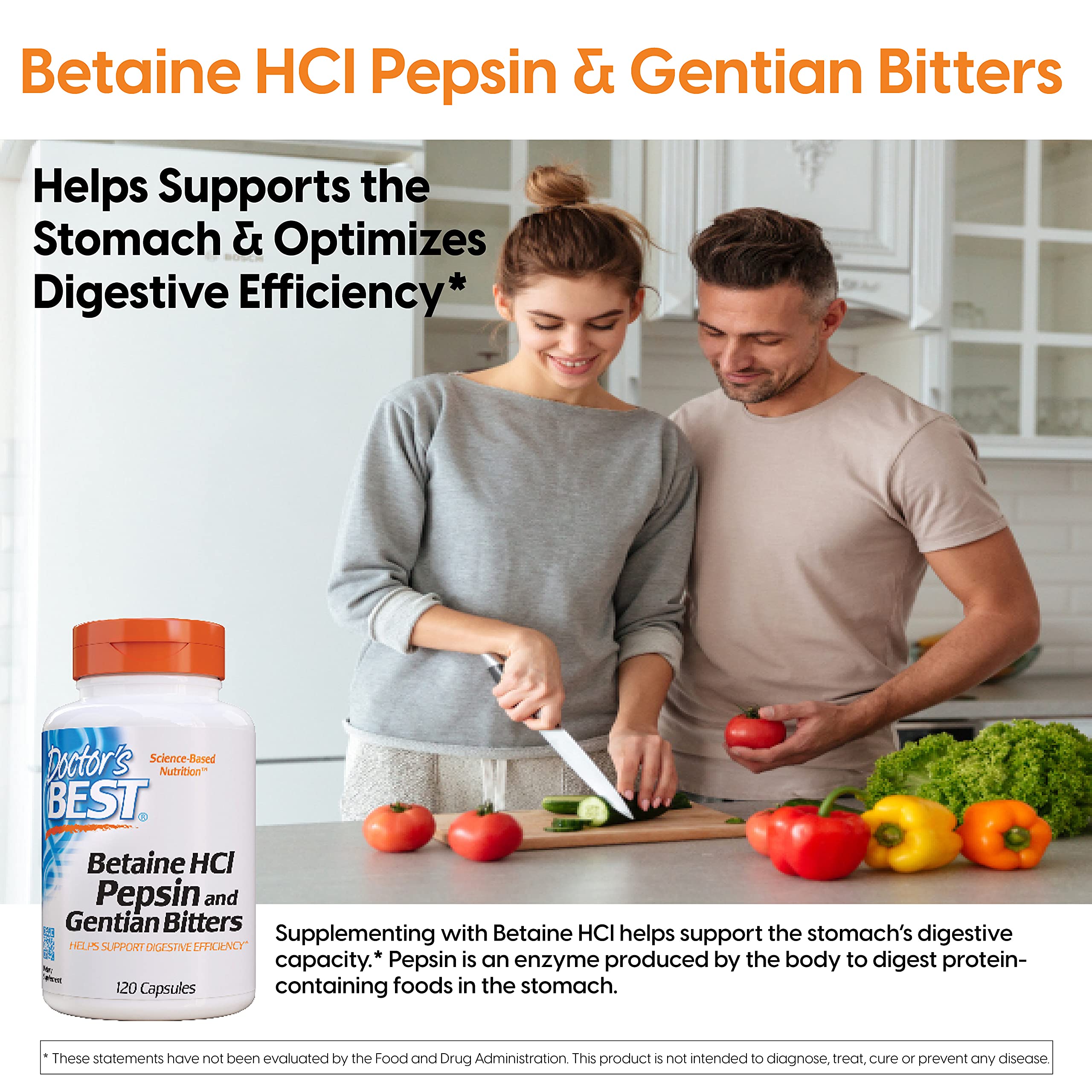 Doctor's Best Betaine HCI Pepsin & Gentian Bitters, Digestive Enzymes for Protein Breakdown & Absorption, Non-GMO, Gluten Free, 120 Caps, Original Version (DRB-00163)