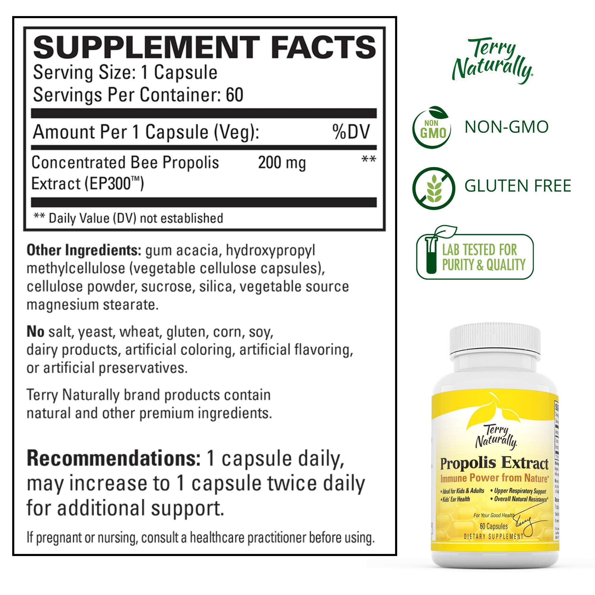 Terry Naturally Propolis Extract - 100 mg, 60 Capsules - Immune Support Supplement, Promotes Healthy Bacteria Balance, 100% Pure Propolis, No Beeswax - Non-GMO, Gluten-Free - 60 Servings