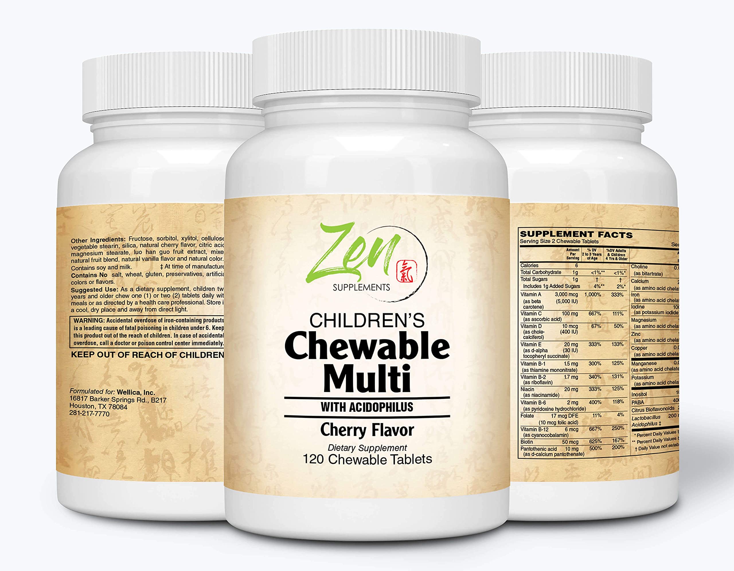 Zen Supplements - Children's Chewable Multi-Vitamin with Acidophilus Cherry Flavored 120-Tabs - The Children's Multivitamin You Won't Have to Beg The Kids to take