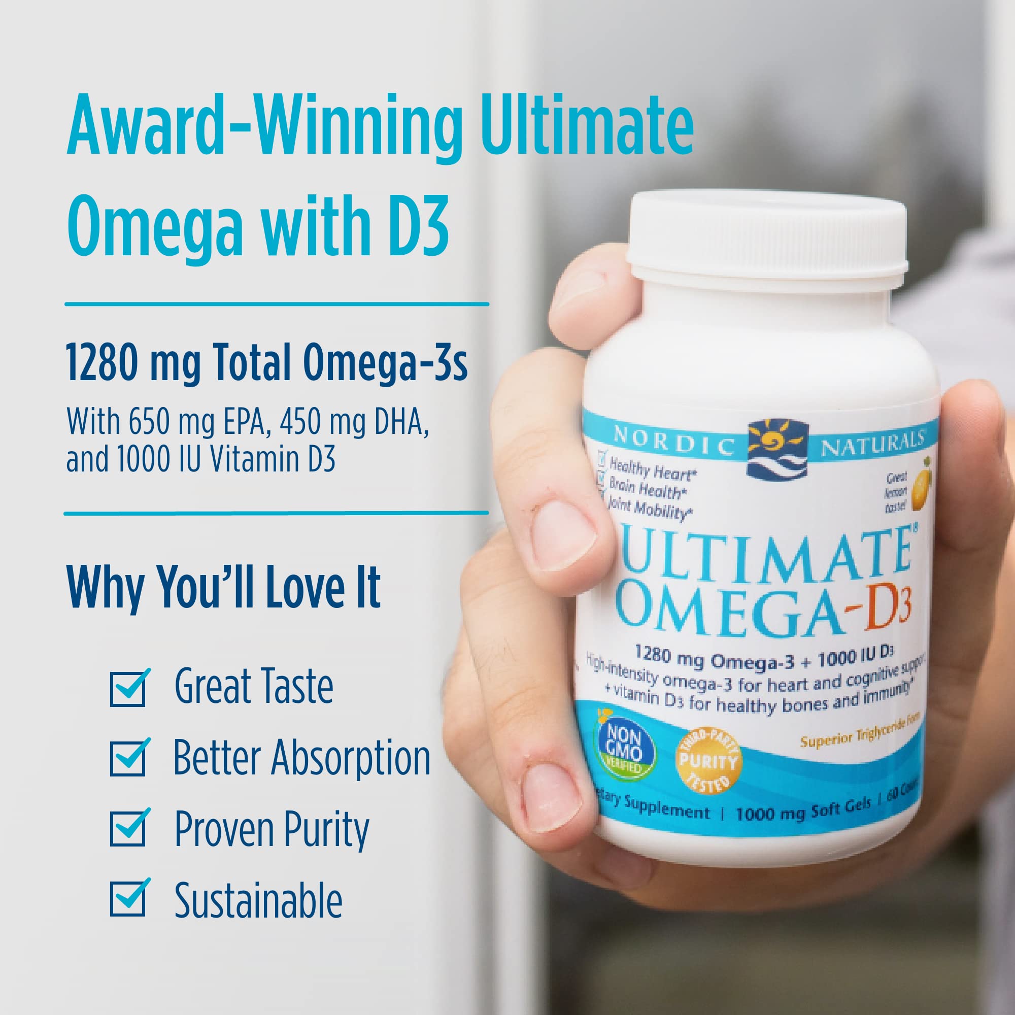 Nordic Naturals Ultimate Omega-D3, Lemon Flavor - 1280 mg Omega-3 + 1000 IU Vitamin D3 - 120 Soft Gels - Omega-3 Fish Oil - EPA & DHA - Promotes Brain, Heart, Joint, & Immune Health - 60 Servings