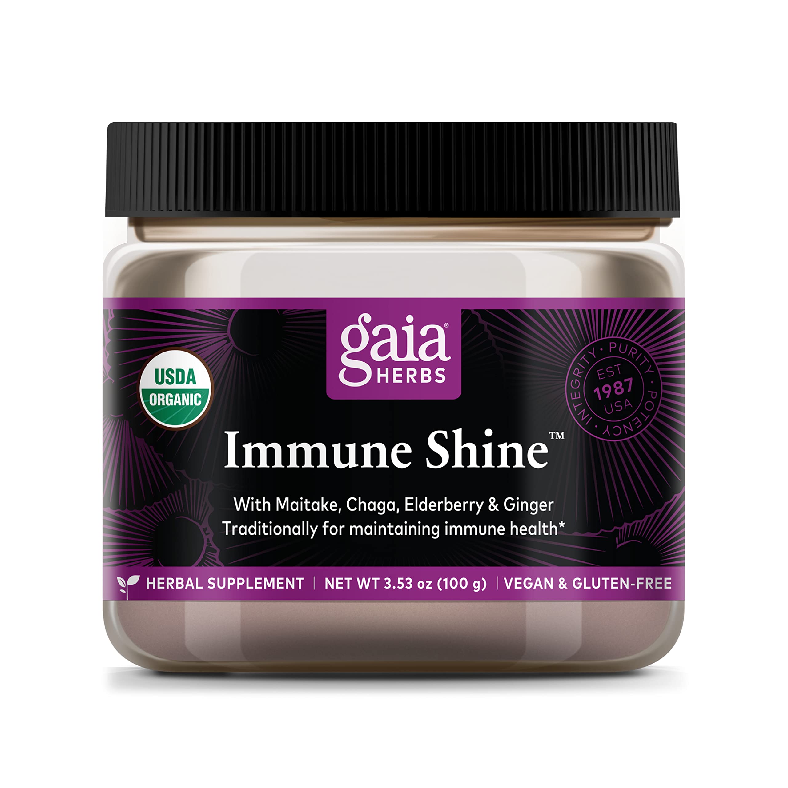 Gaia Herbs Immune Shine Mushroom and Herb Powder, Immune Support, Chaga Mushroom, Maitake Mushroom, Elderberry, Ginger, Daily Herbal Supplement, 3.53 Ounce