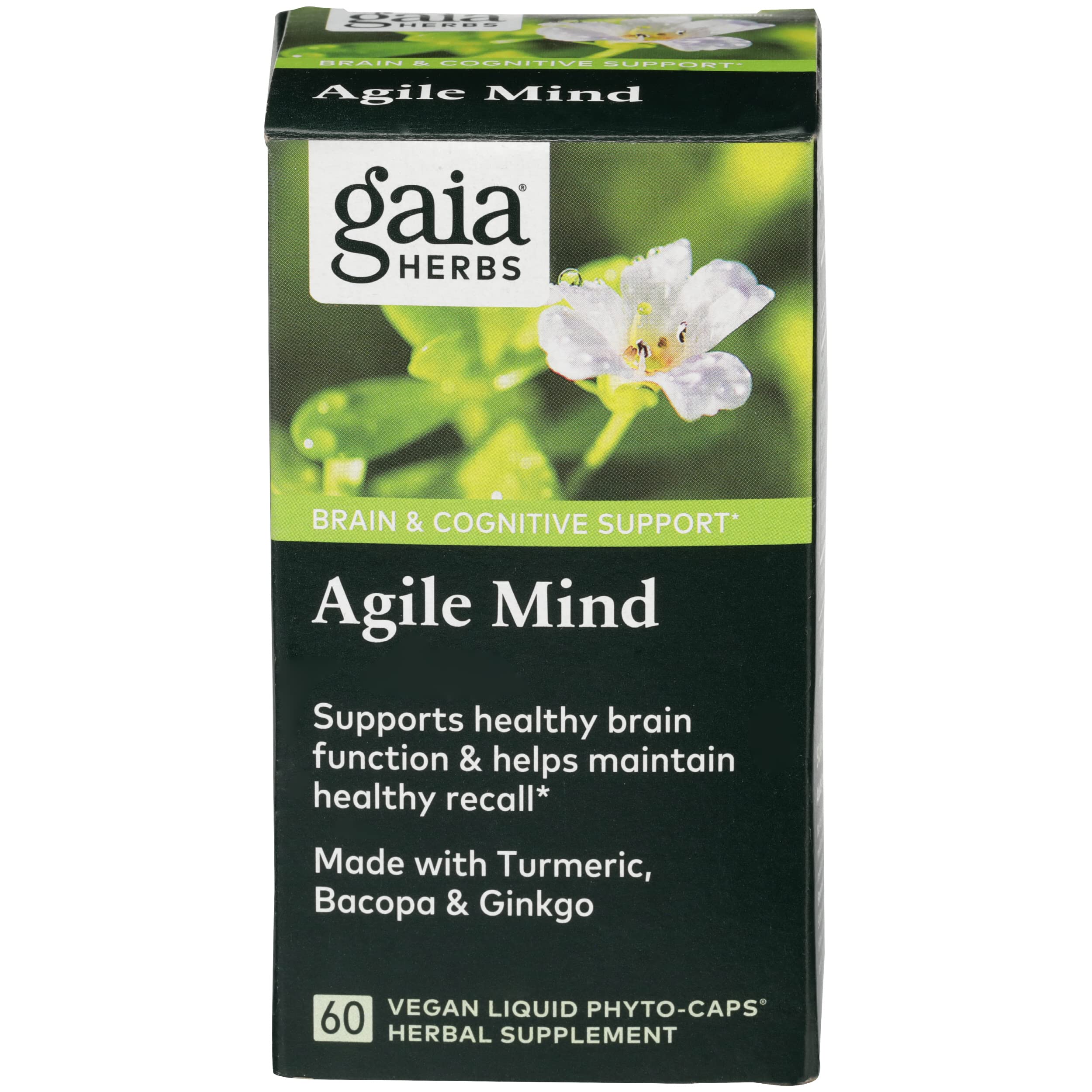 Gaia Herbs, Agile Mind, Brain & Cognitive Support, Turmeric, Bacopa, Ginkgo, Vegan Liquid Capsules, 60Count