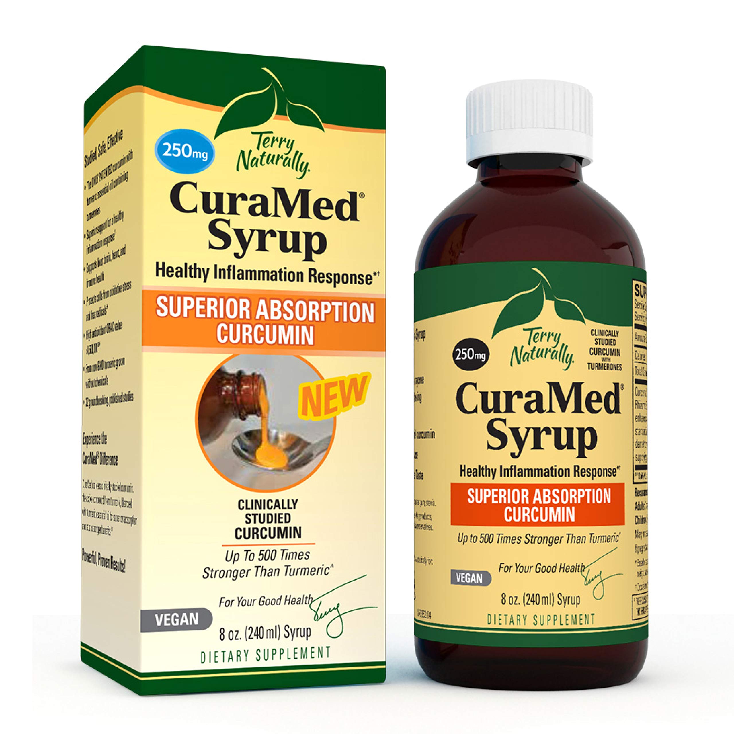 Terry Naturally CuraMed Syrup - 250 mg BCM-95 Curcumin, 8 fl oz - Promotes Healthy Inflammation Response, Supports Liver, Brain, Heart & Immune Health - Vegan, Non-GMO, Gluten-Free - 48 Servings