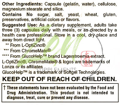 Zen Supplements - Glucose Support with ChromeMate®, GlucoHelp®, Vanadyl, Herbs: Ginkgo Biloba, Bilberry, Gymnema, Milk Thistle, Artichoke & Fenugreek 60-Caps